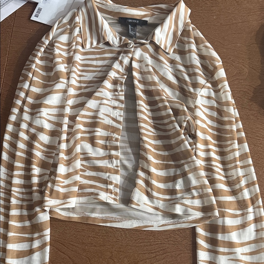 Forever 21 Beige and White Zebra Print Button-Down Shirt